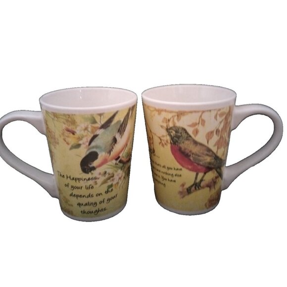 Set Of 2 Century Coffee Mugs ceramic Birds and Poems 4"X3".5 New - Picture 1 of 10